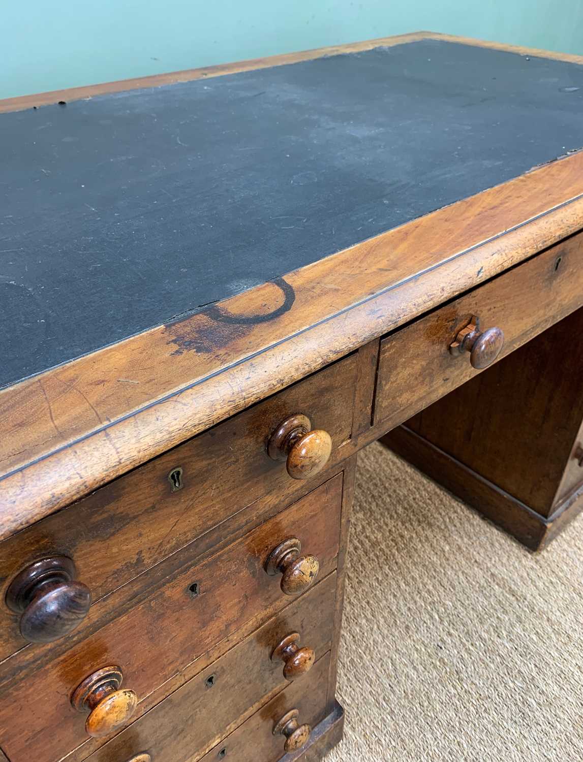 BURR WALNUT PEDESTAL DESK & ANOTHER, walnut desk c. 1890, 78h x 121w x 53cms d, other with inset - Image 3 of 18