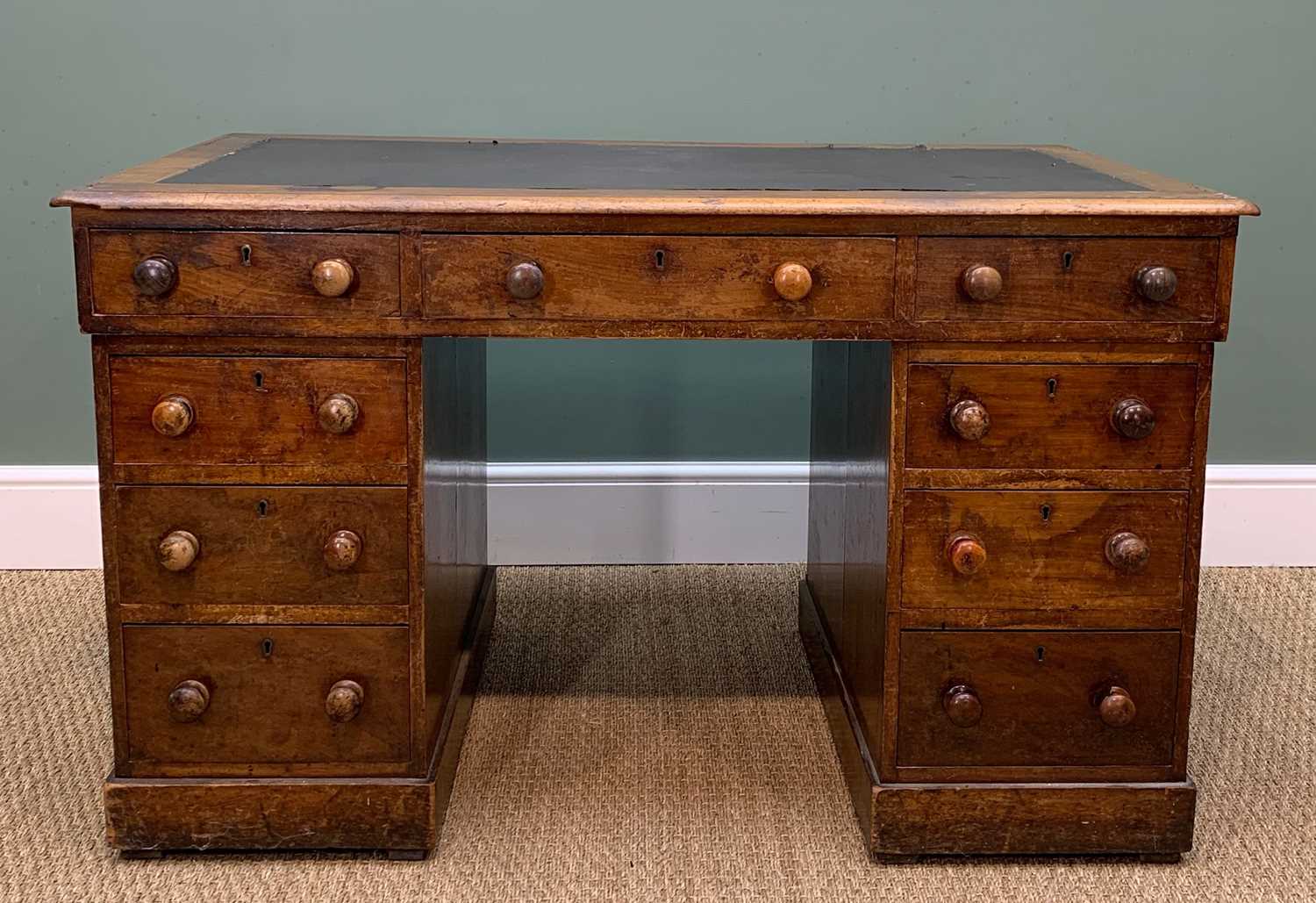 BURR WALNUT PEDESTAL DESK & ANOTHER, walnut desk c. 1890, 78h x 121w x 53cms d, other with inset - Image 4 of 18