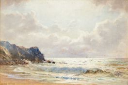 JAMES AITKEN watercolour - Bude, Cornwall, beach scene with crashing waves, signed, 20 x 30cms