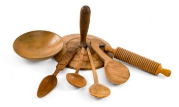 ASSORTED KITCHEN TREEN, including small chipped carved spoon with painted initials MA IP, wooden