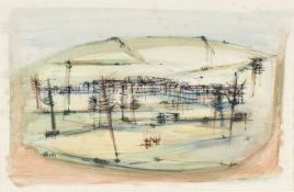 ‡ ROBERT HUNTER (1920-1996) ink and watercolour - landscape with trees, entitled 'Floods', signed