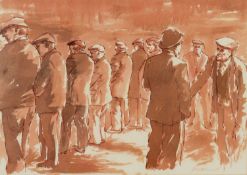 ‡ ANEURIN JONES print - untitled, farmers at market or show, signed in the print, 28 x 40cms