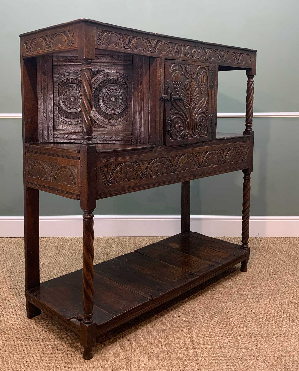 JACOBEAN STYLE CARVED OAK COURT CUPBOARD, lunette, palm and fruiting vine carving, barbers pole - Image 3 of 5