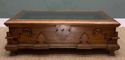 CONTINENTAL BAROQUE-STYLE CHEST, converted to a glass-topped coffee table, 44h x 133w x 70.5d