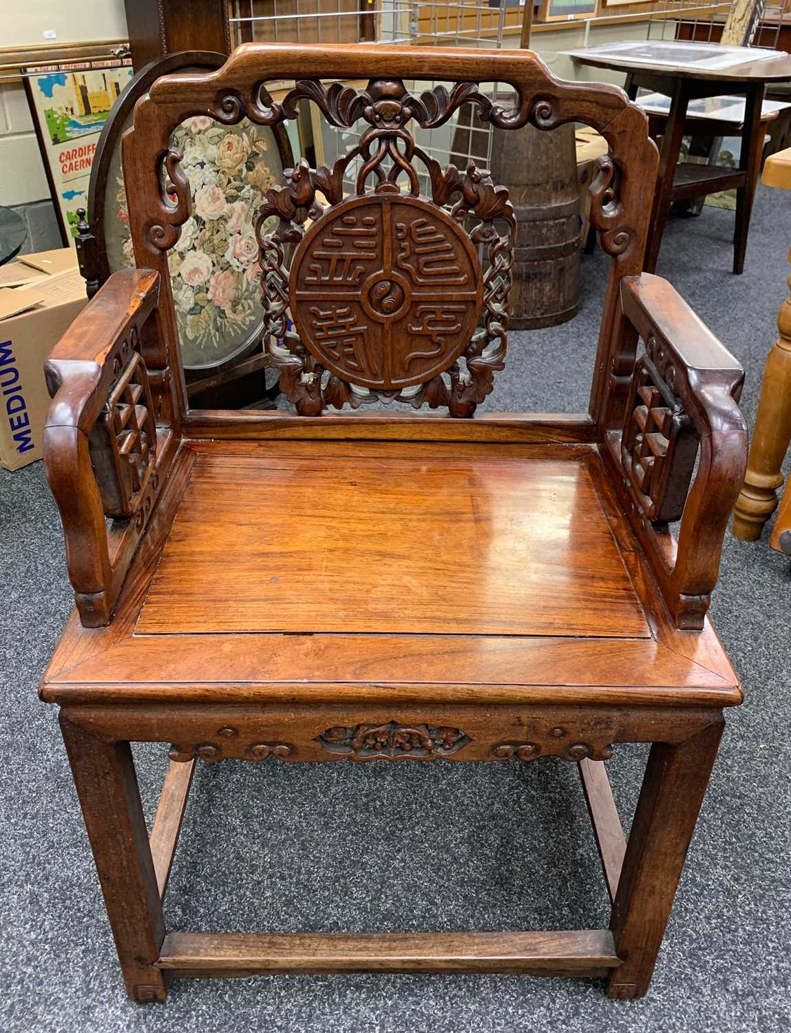 CHINESE HARDWOOD CARVED ARMCHAIR, late Qing Dynasty, probably Hongmu, pierced splat and sides carved - Image 6 of 13