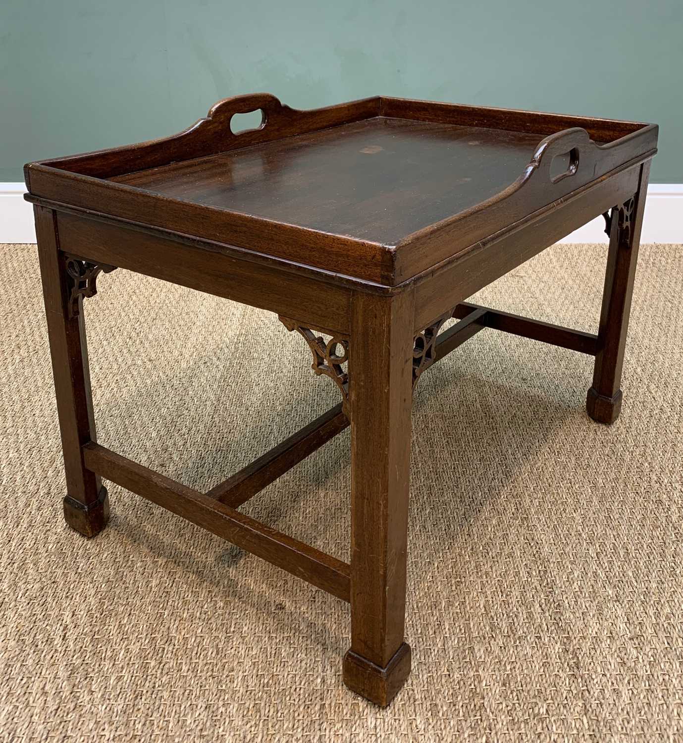 CHIPPENDALE-STYLE MAHOGANY SIDE TABLE, with tray top and pierced handles, on later base with pierced - Image 2 of 9