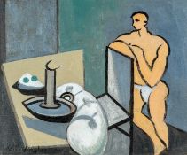FOLLOWER OF KEITH VAUGHAN (1912-1977) oil on canvas - figure, chair, table and chamberstick, bears
