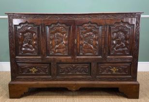 ANTIQUE JOINED OAK MULE CHEST, later carved in the Romanesque-style and converted to cupboard with