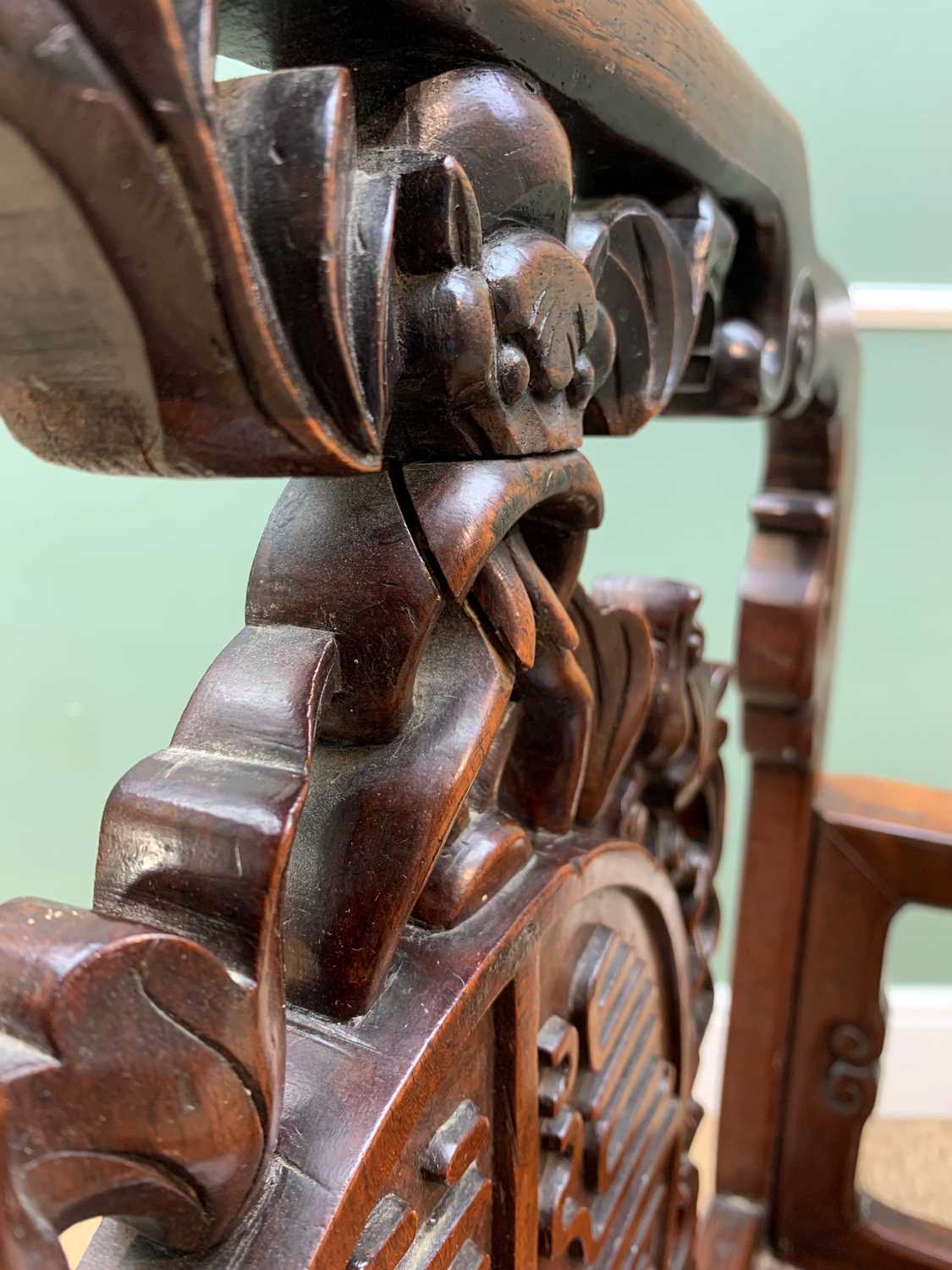 CHINESE HARDWOOD CARVED ARMCHAIR, late Qing Dynasty, probably Hongmu, pierced splat and sides carved - Image 3 of 13