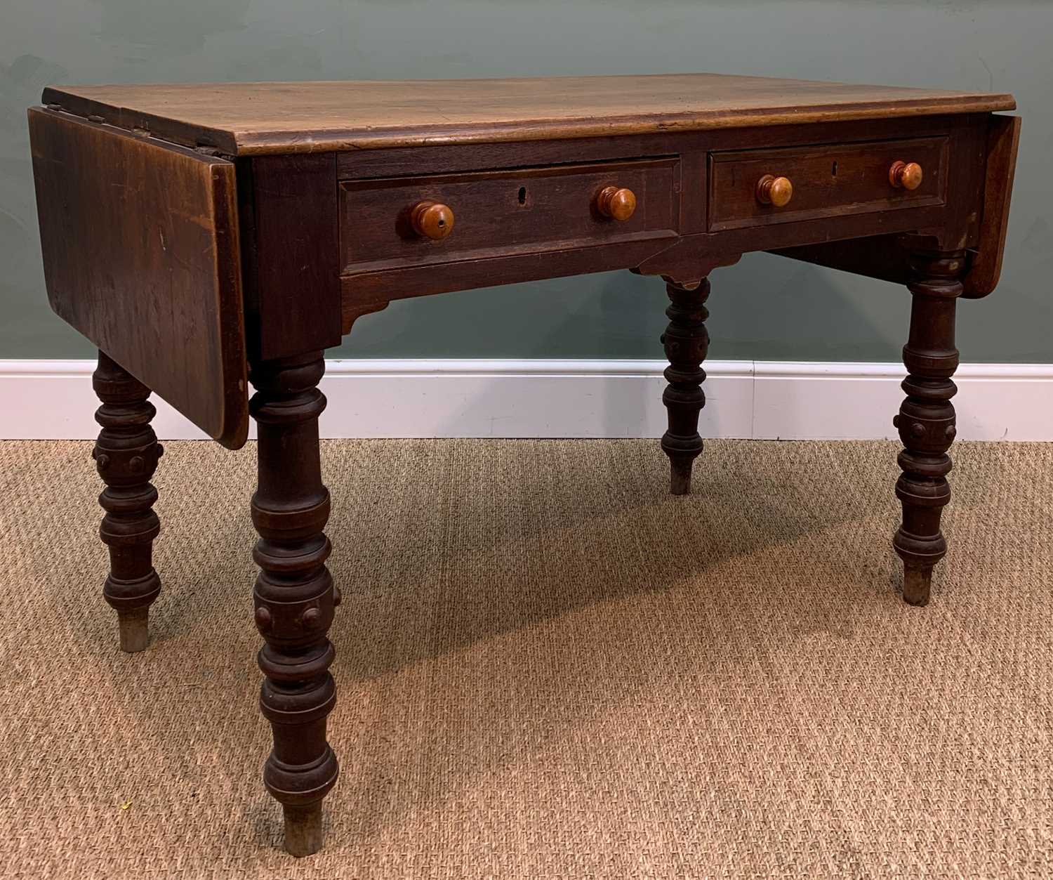 ANTIQUE OAK DROP LEAF TABLE, two frieze drawers, turned legs, 81h x 181w (extended) x 67cms d - Image 5 of 9