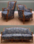 LOUIS XV STYLE THREE-PIECE BEECH SALON SUITE, three seater settee with loose blue floral patterned