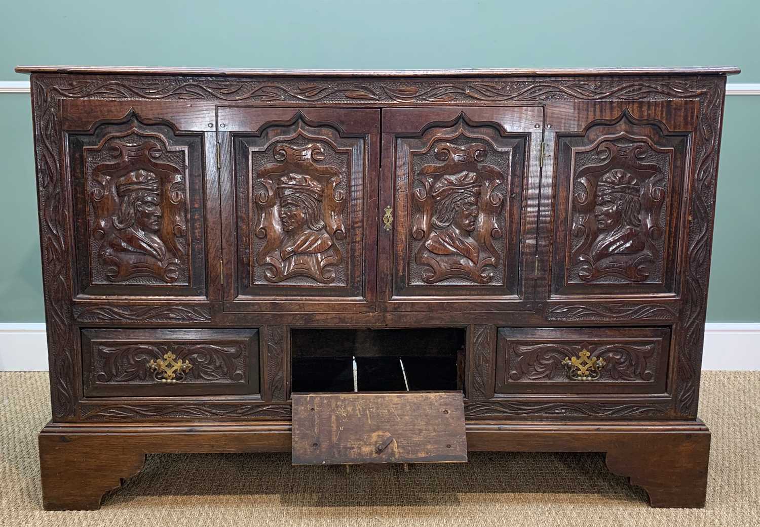 ANTIQUE JOINED OAK MULE CHEST, later carved in the Romanesque-style and converted to cupboard with - Image 4 of 10