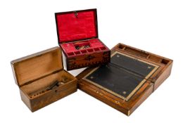 VICTORIAN MAHOGANY BRASS MOUNTED WRITING SLOPE, inlaid fitted lady's sewing box and contents,