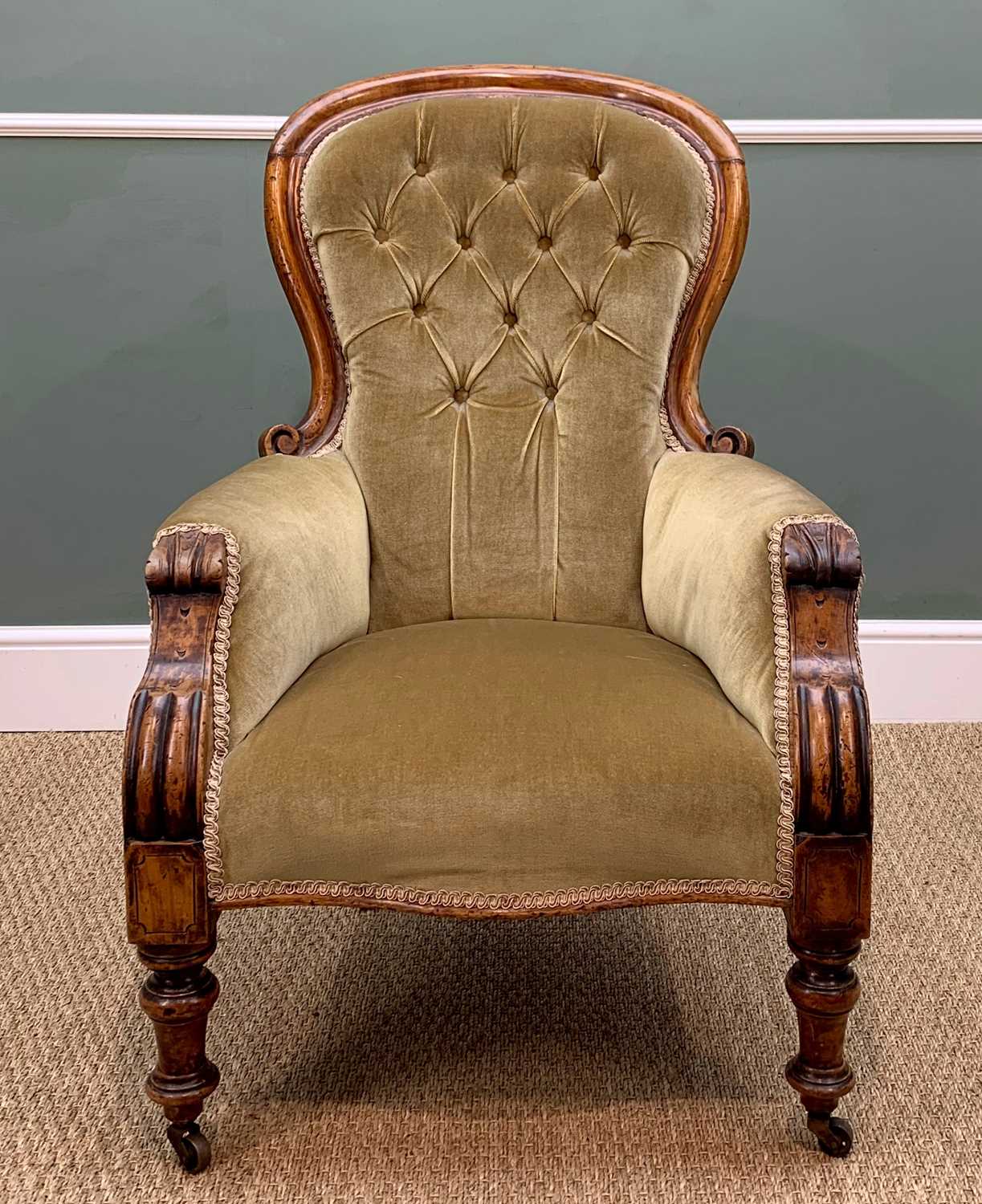 VICTORIAN WALNUT BALLOON BACK ARMCHAIR & GILT MIRROR, mirror with bevelled glass, distressed gilt - Image 2 of 8