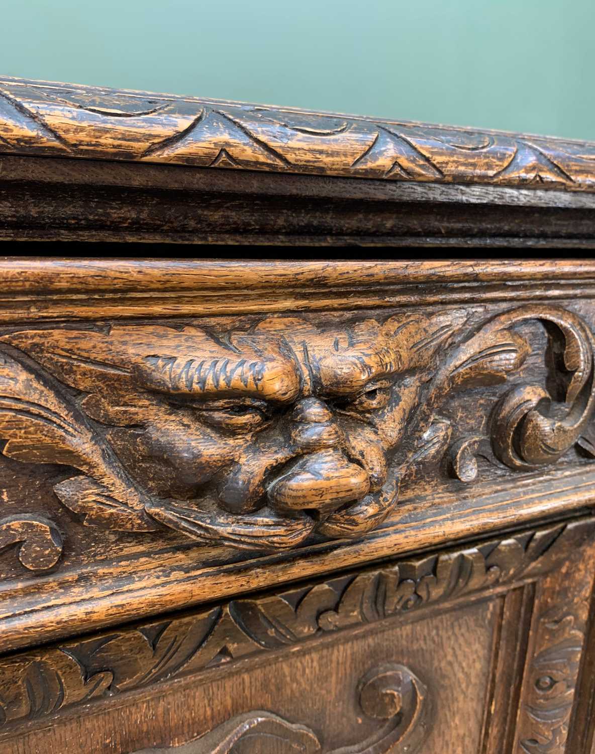 FLEMISH RENNAISSANCE-STYLE CARVED OAK SIDEBOARD, c.1900, three frieze drawers with carved 'Green - Image 3 of 7