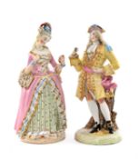 TWO JACOB PETIT PORCELAIN FIGURES, of 18th Century French courtier and companion, in lavish costume,