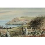 ALUN DAVIES watercolour - untitled, coastal scene with dry stone wall and gate to the foreground,