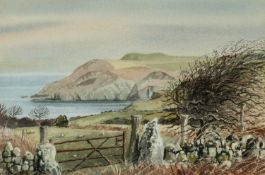 ALUN DAVIES watercolour - untitled, coastal scene with dry stone wall and gate to the foreground,