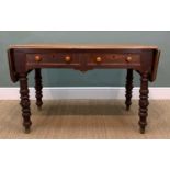 ANTIQUE OAK DROP LEAF TABLE, two frieze drawers, turned legs, 81h x 181w (extended) x 67cms d
