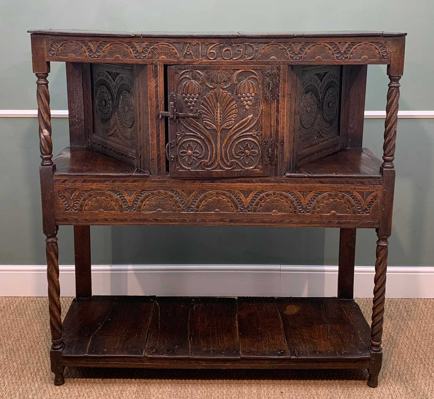 JACOBEAN STYLE CARVED OAK COURT CUPBOARD, lunette, palm and fruiting vine carving, barbers pole - Image 5 of 5