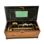 19TH C. SWISS ROSEWOOD MARQUETRY CYLINDER MUSICAL BOX, 15inch brass cylinder playing eight airs on