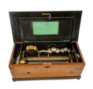 19TH C. SWISS ROSEWOOD MARQUETRY CYLINDER MUSICAL BOX, 15inch brass cylinder playing eight airs on