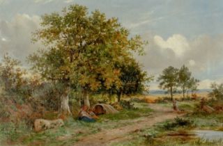 HENRY CHAPLIN oil on canvas - travellers resting beside a pathway beneath trees, signed, 29 x 44.