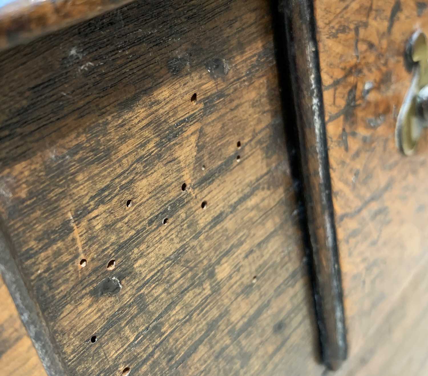 18TH C. WELSH JOINT OAK MULE CHEST, altered to a cupboard with fixed top, interior shelf and apron - Image 7 of 8