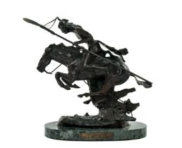 AFTER FREDERIC REMINGTON, bronze - The Cheyenne, first nations warrior on horseback, on green