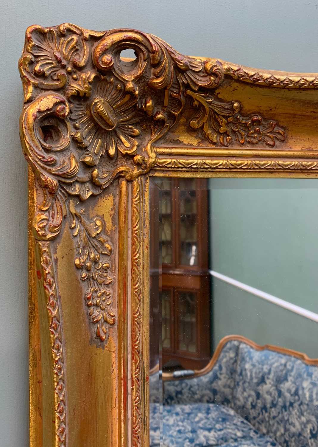 VICTORIAN WALNUT BALLOON BACK ARMCHAIR & GILT MIRROR, mirror with bevelled glass, distressed gilt - Image 6 of 8