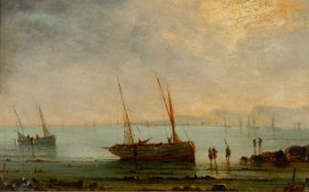 19TH CENTURY EUROPEAN SCHOOL oil on panel - beached fishing vessels at shore, indistinctly signed,