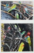 ‡ EMRYS WILLIAMS mixed media diptych on paper - untitled, aviary of exotic birds, part of series