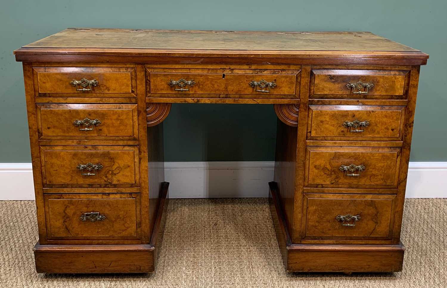 BURR WALNUT PEDESTAL DESK & ANOTHER, walnut desk c. 1890, 78h x 121w x 53cms d, other with inset - Image 18 of 18