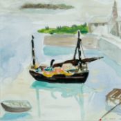 ‡ EMRYS WILLIAMS watercolour - Port, fishing boat at anchor in a harbour, signed with initials and