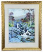 JOHN McDOUGAL watercolour - Eryri (Snowdonia) landscape with river and waterfall, signed and dated