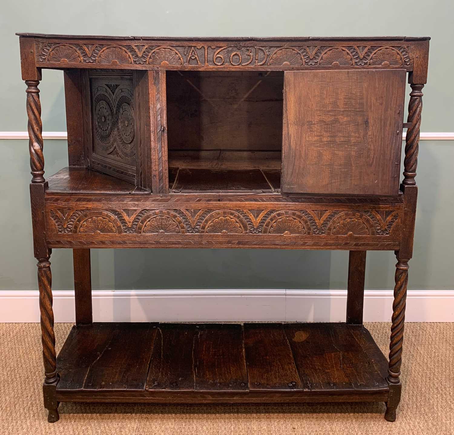 JACOBEAN STYLE CARVED OAK COURT CUPBOARD, lunette, palm and fruiting vine carving, barbers pole - Image 4 of 5