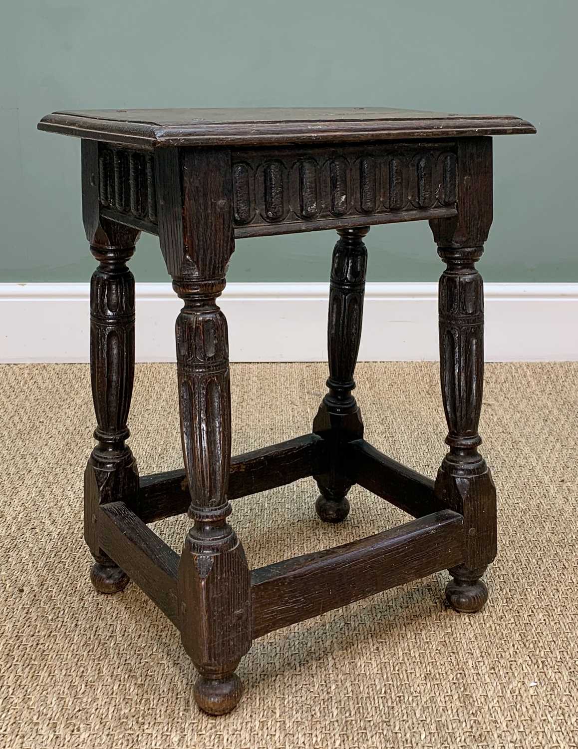 ANTIQUE JOINT OAK STOOL, in the Elizabethan style with moulded top, raised nulled frieze, fluted - Image 2 of 4