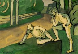 FOLLOWER OF KEITH VAUGHAN (1912-1977) watercolour and bodycolour - two nude males in a garden, bears