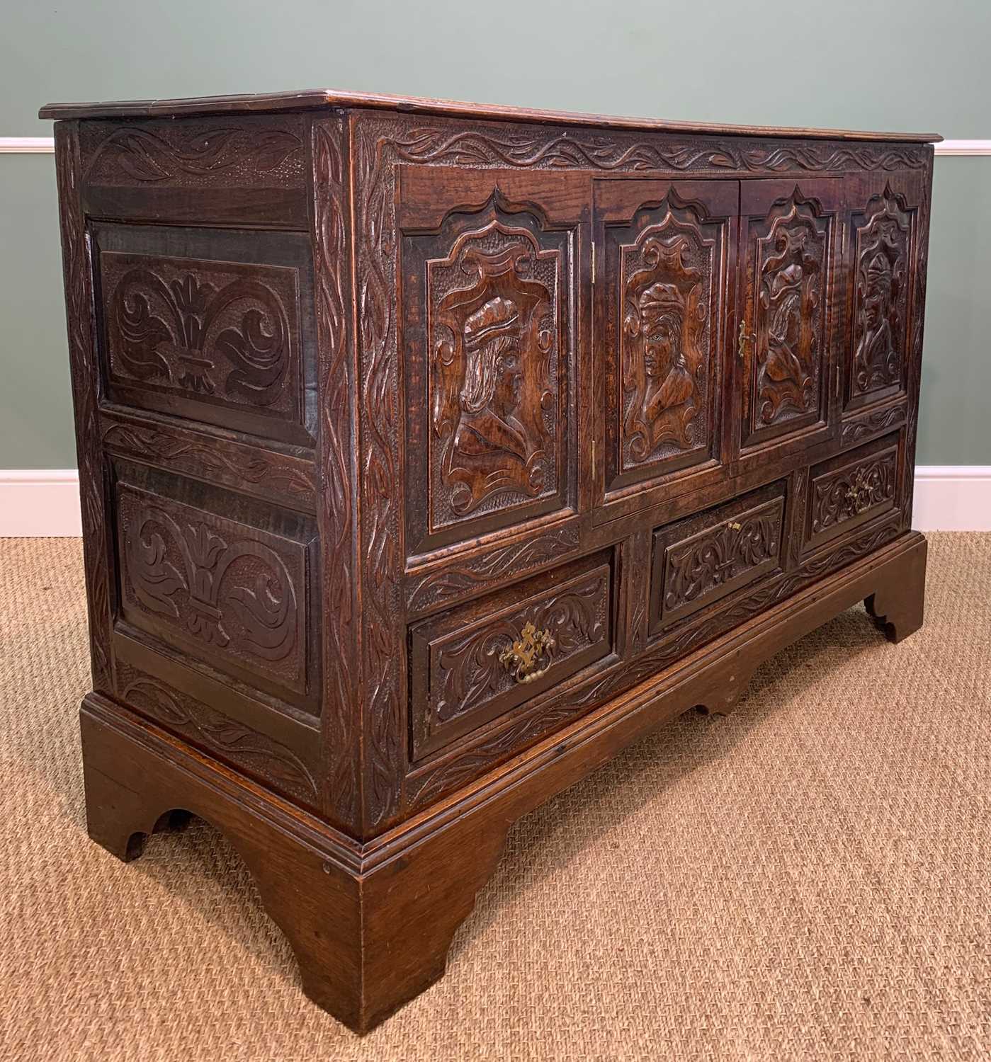 ANTIQUE JOINED OAK MULE CHEST, later carved in the Romanesque-style and converted to cupboard with - Image 6 of 10