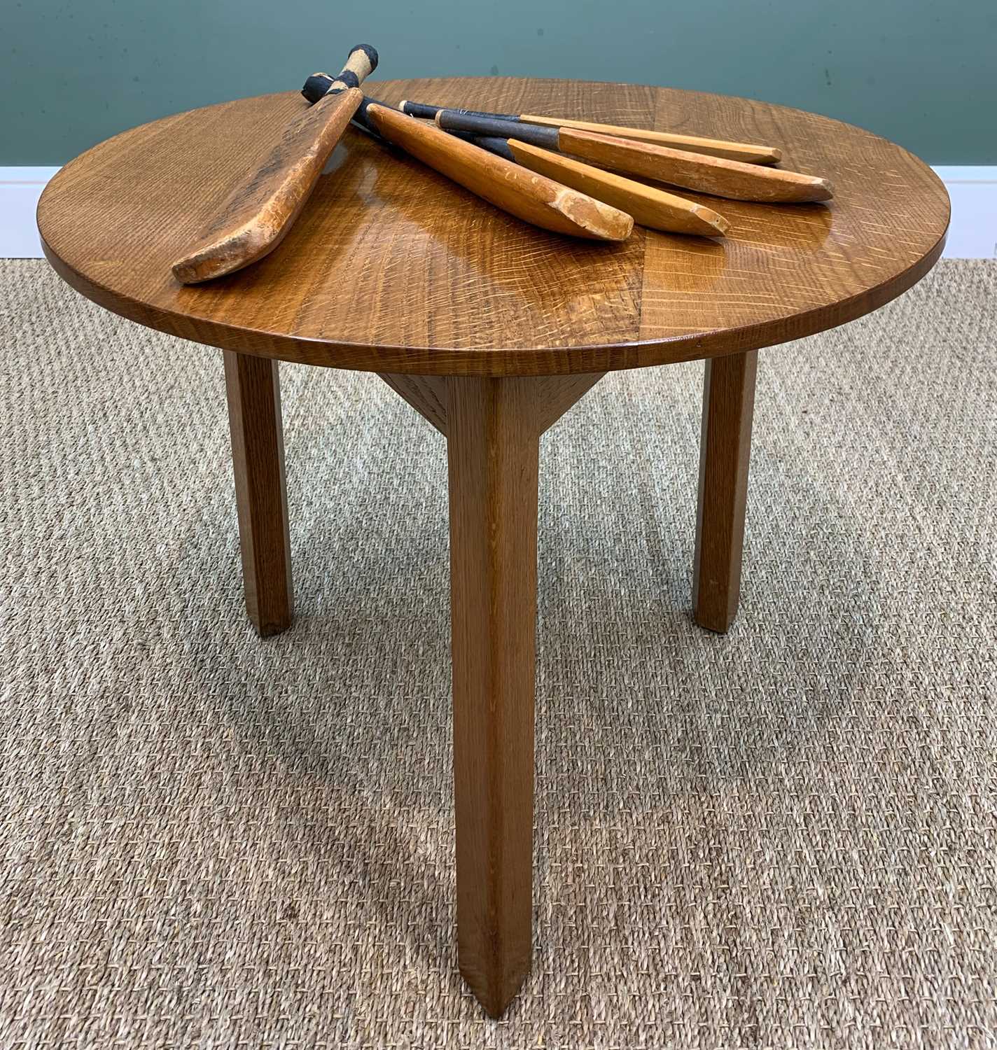 BRYNMAWR OAK CRICKET TABLE, c. 1930s, with label, 51h x 60.5cms diameter Provenance: private