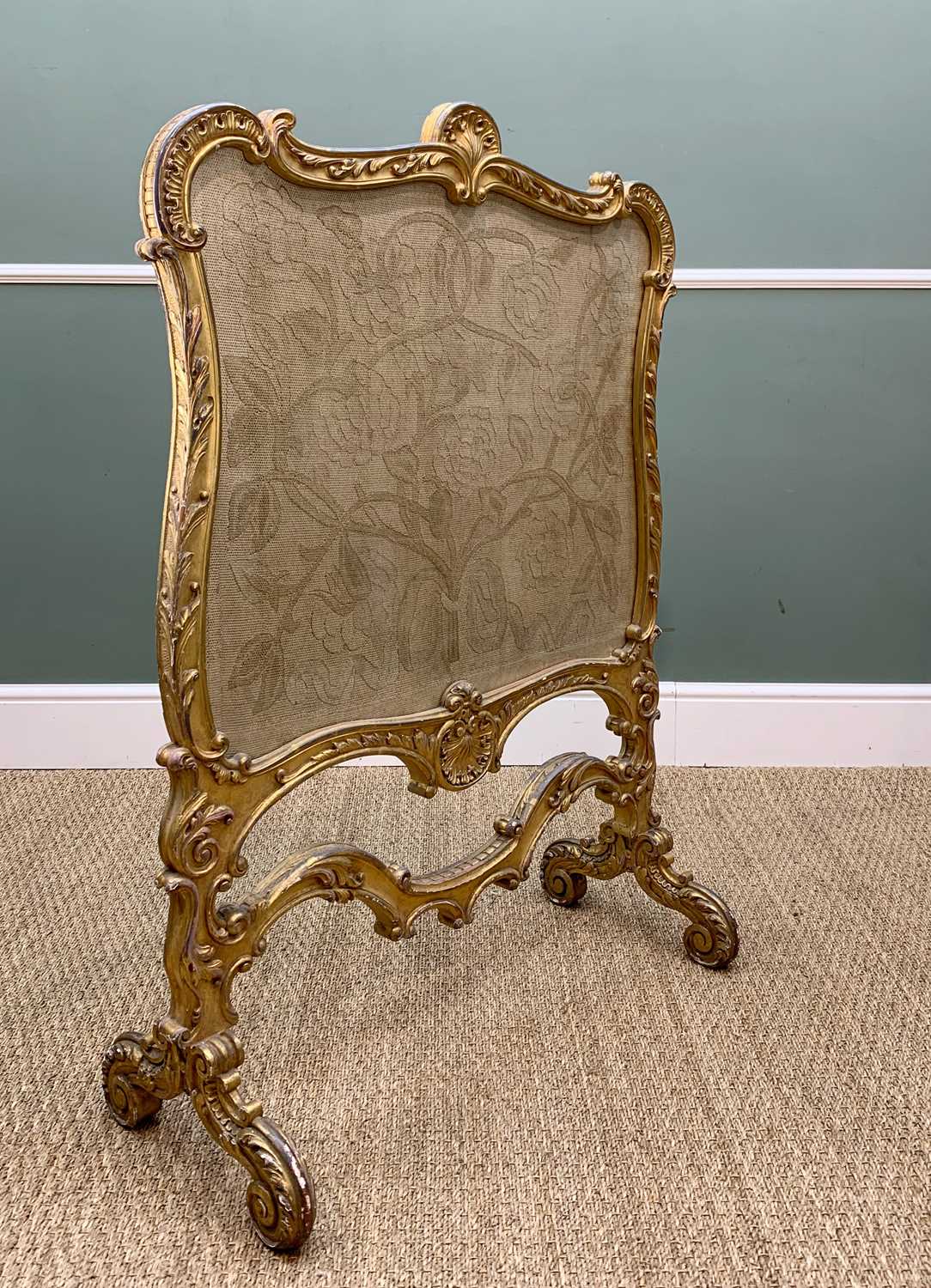 19TH C. GILTWOOD ROCOCO FIRESCREEN, shaped cartouche form, with acanthus and rocaille ornamented C- - Image 2 of 5