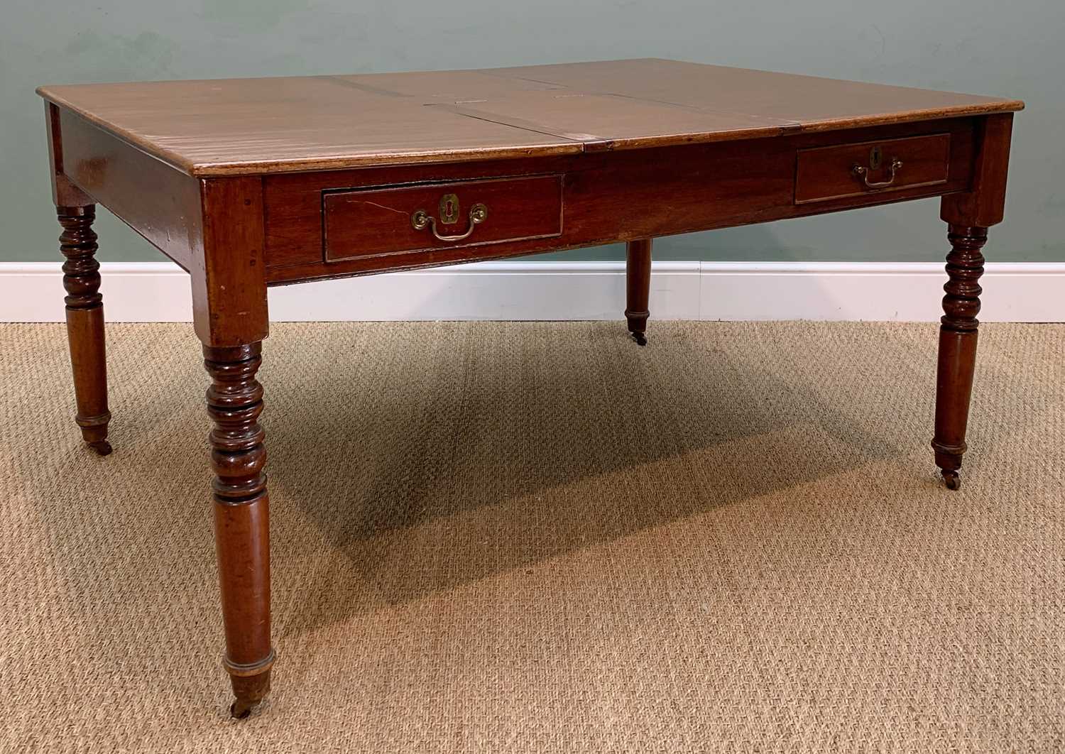 VICTORIAN MAHOGANY PARTNER'S DESK, top with hinged compartments, two frieze drawers either side, 76h - Image 2 of 5