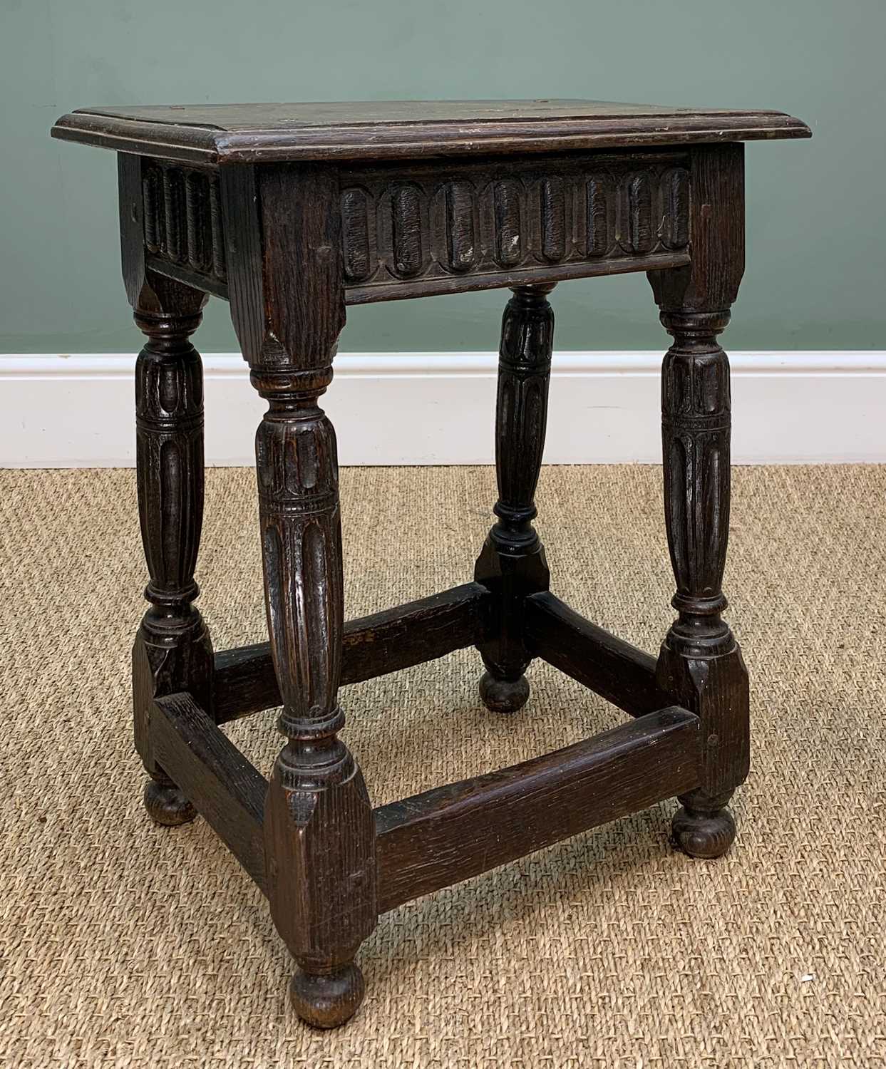 ANTIQUE JOINT OAK STOOL, in the Elizabethan style with moulded top, raised nulled frieze, fluted - Image 4 of 4