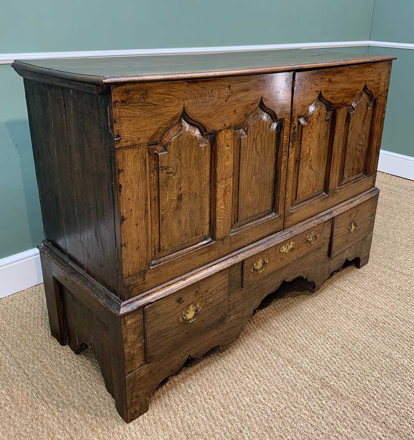 18TH C. WELSH JOINT OAK MULE CHEST, altered to a cupboard with fixed top, interior shelf and apron - Image 2 of 8