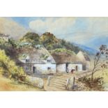19TH C. WELSH SCHOOL watercolour – upland farm and figures, possibly Betws-y-Coed group, unsigned,