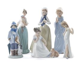 SIX NAO & LLADRO FIGURES including, Winter 5220 21cms, Girl with Puppy 1434 17cms, Praying Girl