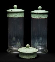 PAIR EARLY 20TH C. ROWNTREES SWEET JARS, the green enamelled art nouveau covers embossed '