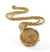 18K GOLD OPEN FACE FANCY FOB WATCH, the dial with Roman numerals and subsidiary seconds dial,
