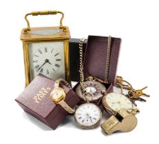 ASSORTED CLOCKS comprising French brass carriage clock with key, lady's Ingersoll wristwatch, silver