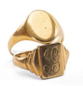 TWO GENTS GOLD SIGNET RINGS, comprising 18ct plain oval ring, 9.8g and 9ct stepped rectangular